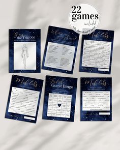 six blue and white cards with the names of games