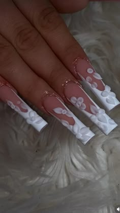 Prom Nails Acrylic Classy White, Long Bridal Nails, White Long Nails With Designs, White Angel Nails, Medium White Nails, Unique White Nails, White Bling Acrylic Nails, Red Prom Nails, Easy Nail Art Tutorial