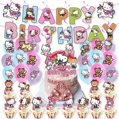 hello kitty birthday party supplies including cupcakes and decorations