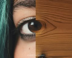 two different pictures of the same woman's eye with green hair and blue eyes