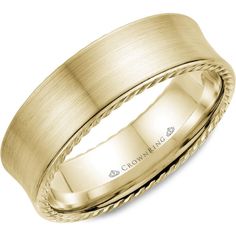 CrownRing Men's Wedding Band - Concave Satin Finish with Braided Rope Edging in 14K Yellow Gold - 7mm Width from the Carved Collection Mens Wedding Bands Brushed, Rope Wedding Band, Comfort Fit Wedding Band, Sophisticated Wedding, Wedding Ring Designs, Designer Wedding, Mens Wedding Rings, Mens Wedding Bands, Wedding Men