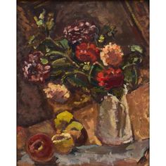 a painting of flowers and fruit on a table