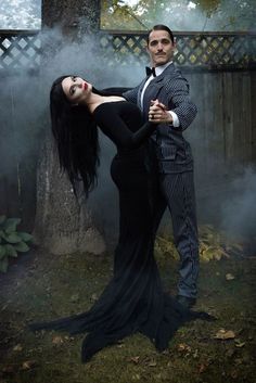 Fancy Couple Halloween Costumes, Dracula And Wife Costume, Scary Halloween Costume Ideas For Couple, Adams Family Couple Costume, Maleficent Couples Costume, Goth Couple Halloween Costume Ideas, Halloween Costumes Scary Horror Couples, Duo Horror Halloween Costumes, Dark Halloween Costumes Couples