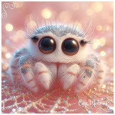 a close up of a spider on a pink background with glitter around it's eyes