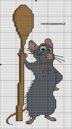 a cross stitch pattern with a rat holding a large wooden sign and wearing a hat