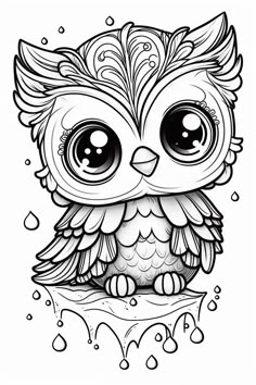 an owl with big eyes sitting on top of a tree branch in the rain coloring page