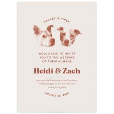 two dogs are shown on the back of this wedding card, which is printed with red ink