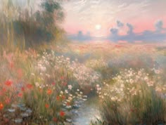 an oil painting of flowers in a field