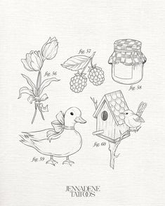 a drawing of birds, jars and flowers