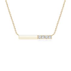 This bar necklace is crafted in 14k yellow gold has a simple and minimal design. The high polish bar is horizontally suspended from the chain and adorned with prong-set brilliant round diamonds. Diamond Bar Necklace, Bar Pendant Necklace, Diamond Bar, Bar Pendant, Fine Jewellery Necklace, Bar Necklace, Minimal Design, Diamond Pendant, White Diamond