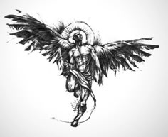 an ink drawing of a man with wings