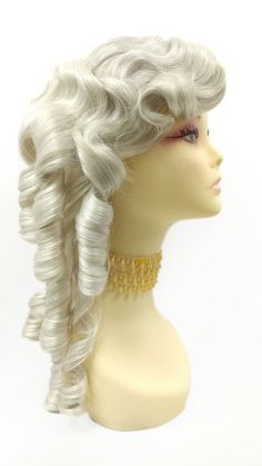 "Unisex colonial-style ringlets wig with a long length that's perfect for tying in the back. Fixed skin top side part. Inside cap has adjustable straps for a secure fit. Color: Light Gray (60) Style: Long and curly ringlets Circumference: Default at 21\" with adjustable cap (max 22\"). Materials: Synthetic Wig Fibers All sales are final. Please read all store policies before purchasing." 16 Inch Curly Wig, Colonial Wigs, Costume Cosplay, Historical Costume, Cosplay Wig, Wig Styles, Long Curly, Curly Wigs, Cosplay Wigs