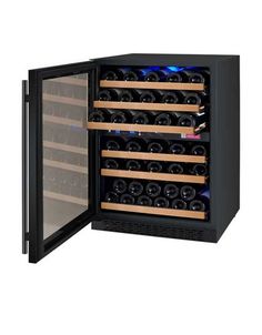 the wine cooler is open and ready to be filled with many different types of bottles