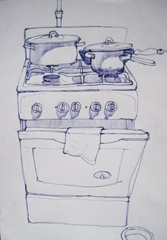 a drawing of an oven with pots and pans on it's burners