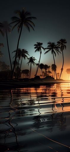 the sun is setting behind palm trees on the water's edge in front of an island