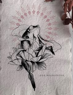 an ink drawing of a woman kissing a frog on top of a flowered plant