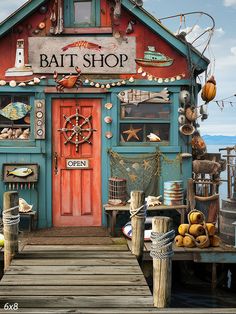 Coastal Bait Shop Photography Backdrop - A charming bait shop with weathered teal and red paint Fishing Shack Ideas, Ice Fishing Shack Interior Ideas, Bait Shop Ideas, Fish Shop Design, Old Beach House Aesthetic, Maine Summer Aesthetic, Medieval Fishing Village, House Boat Interior, Shops Drawing