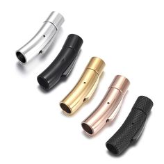 four different colors and sizes of the handlebars on a white background, one is black, one is gold