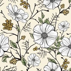 white flowers and green leaves on a beige background