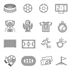 soccer line icon set with ball, goal, trophy and other sports related items in outline style