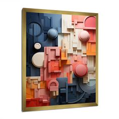 an abstract painting in gold frame with colorful shapes and colors on the wall behind it