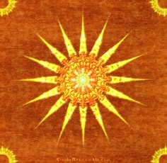 an orange and yellow sunburst is in the middle of a brown background with white circles