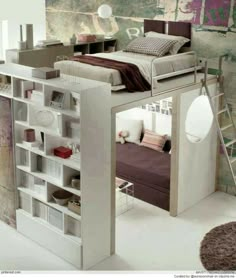 a loft bed is built into the side of a room with a desk, chair and bookshelf