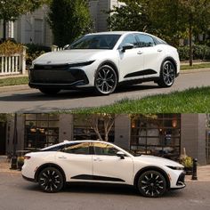 two different views of a white car parked in front of a building