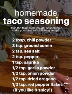 a recipe for homemade taco seasoning on a cutting board