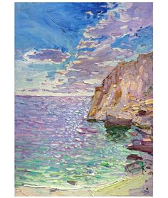 an oil painting of the ocean and cliffs