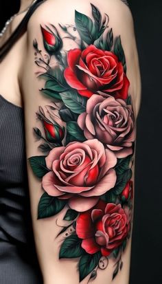 a woman's arm with roses and leaves on it