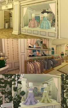 four different views of the inside of a clothing store