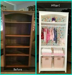 the before and after photos show how to clean an old bookcase with cloths