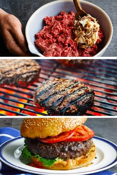 four different pictures of hamburgers, meat and coleslaw on the grill with tongs