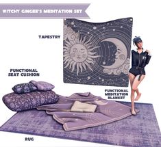 a woman standing on top of a purple rug next to a sun and moon tapestry