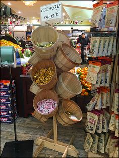 a display in a grocery store filled with lots of food