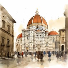 watercolor painting of people walking around in front of a building with orange dome on top