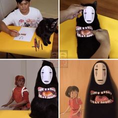 people are sitting at a table with masks on their faces and one is holding a black cat