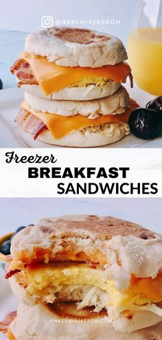 breakfast sandwiches are stacked on top of each other