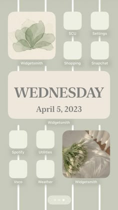 the wedding day poster is shown in white and green colors, with flowers on it