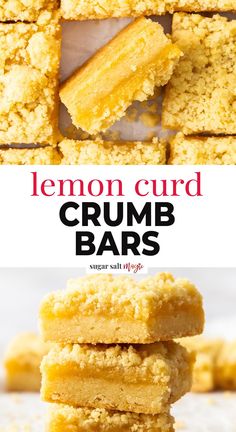 lemon curd crumb bars stacked on top of each other with text overlay