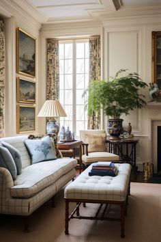 a living room filled with furniture and a fire place in front of a large window