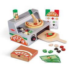 this is an image of a play set with pizzas and other food items on the table