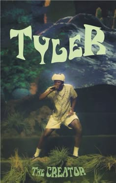 a man standing on top of a grass covered field next to a mountain with the word tyler in it