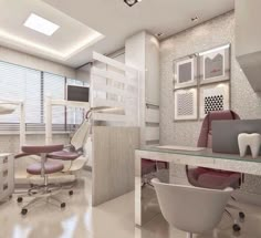 an office with white and pink furniture in it