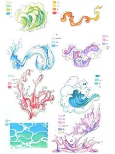 four different types of watercolors are shown in this drawing technique, including waves and clouds