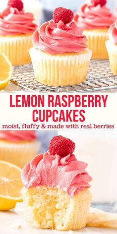 lemon raspberry cupcakes with pink frosting and fresh berries on top