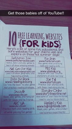 a sign that says 10 free learning website for kids