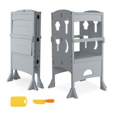 two gray children's furniture pieces, one with an open door and the other without