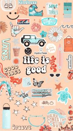 an assortment of stickers and decals on a pink background with the words life is good